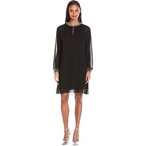 SLNY Formal Dress Long Sheer Sleeve Black Dress Pearl Collar and Cuffs Size 16